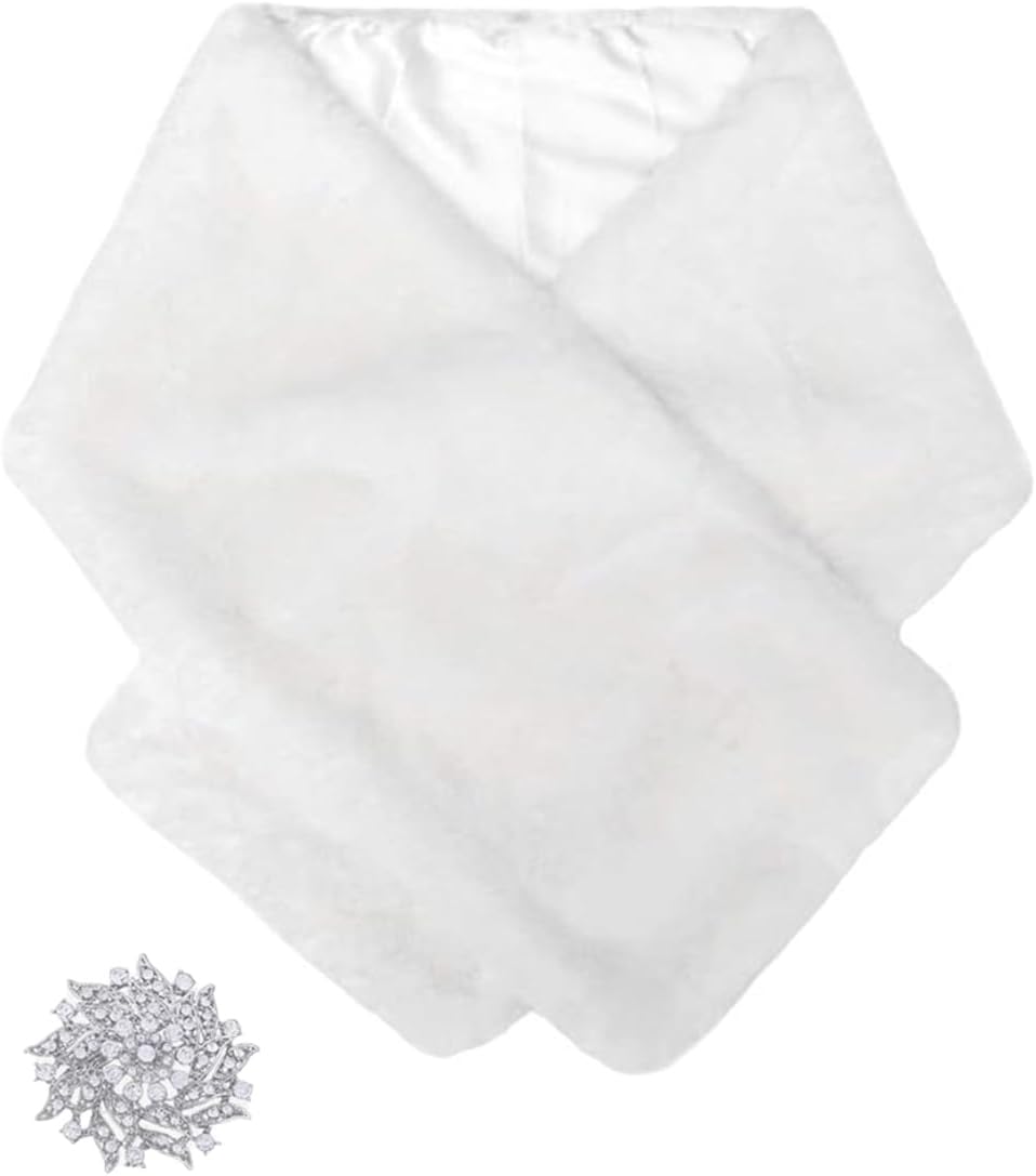 Women's 1920s Wedding Faux Fur Shawls and Wraps Bridal Winter Fur Stoles Scarfs with Brooch for Bride - Image 2