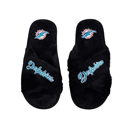 Image of FOCO Womens NFL Team Script Wordmark Fuzzy Cross Slide Slippers