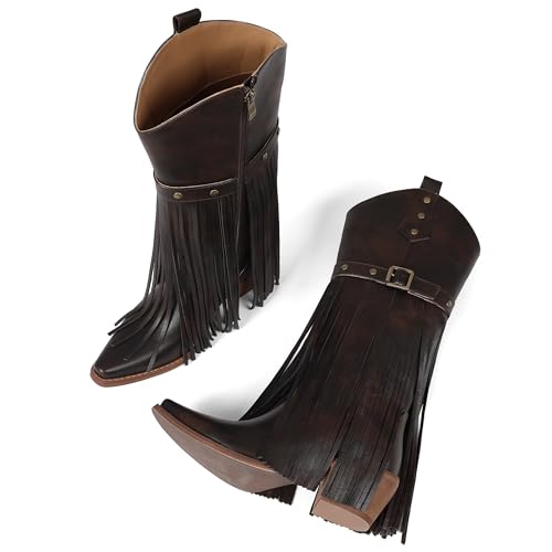 Image of Cowgirl Boots for Women Retro Pointed Toe Pull On Block Chunky Heel Embroide Tassel Country Concert Outfits Mid Calf Western Fringe Cowboy Boots