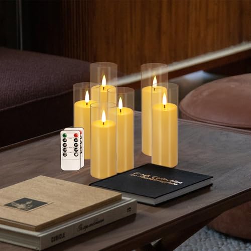 Image of YOROXRG Flickering Flameless Candles Battery Operated with Remote and 2 /4 /6 /8 H Timer Plexiglass LED Pillar Candles with Realistic Moving Wick for Home Decor Pack of 48 (D2.2 xH 5 inch 6 inch 7 inch) (Ivory)