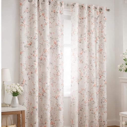 Image of THE LINEN COMPANY Cotton Sheer Printed Curtain for Long Door Bedroom and Living Roonm Home dcor Set of 2 (10 Feet,Coral Leaf)