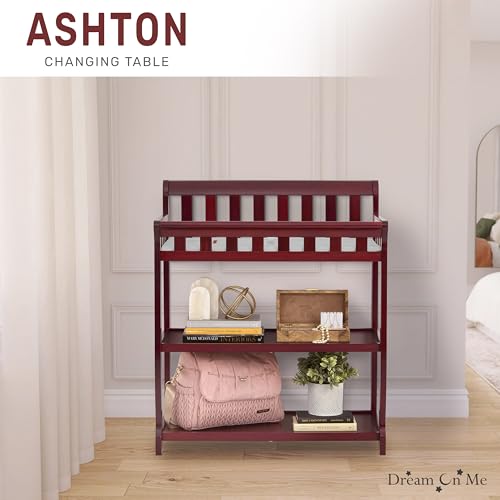 Image of Dream On Me Ashton 2-in-1 Changing Table & Nightstand in Cherry - Solid New Zealand Pinewood, Safety Rails, Spacious Storage Shelves & Water-Resistant Changing Pad, Converts to Nightstand