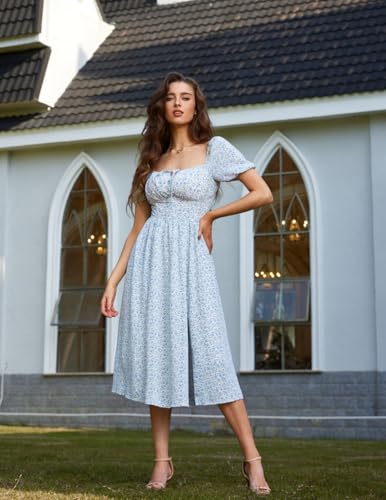 Image of Scarlet Darkness Women's Floral Corset Dress with Split 2026 Summer Spring Square Neck Midi Milkmaid Dresses Green Blue Floral S