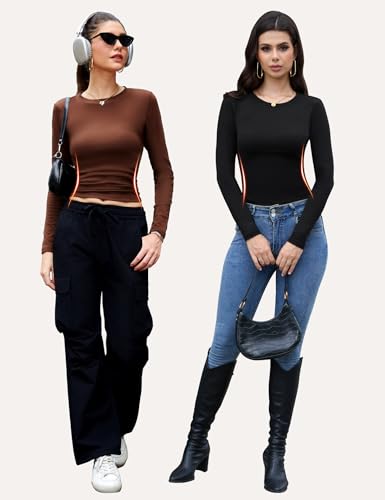 Langarmshirt Damen Basic-Shirts Figurbetont Rundhals Tees 5Pcs – Bild 2