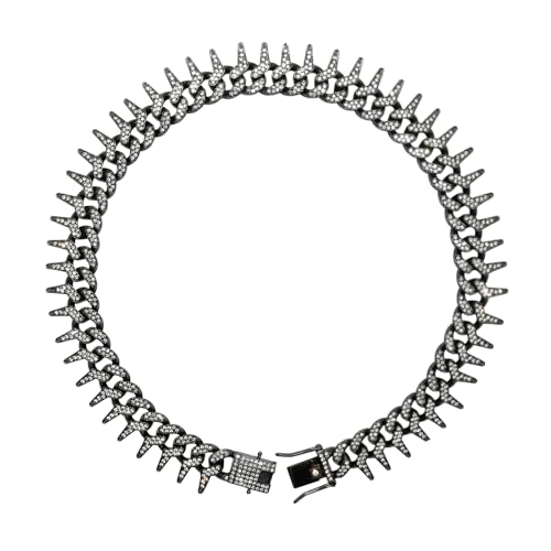 Ximipet Luxury Cuban Link Dog Collar Chain with Spiked&Diamond-Studded, Black/Rose/Gold/Silver Adjustable 8in-30in, Metal Anti-Slip Safety Buckle Dog Necklace for Small to Large Dogs (Black, 12in)
