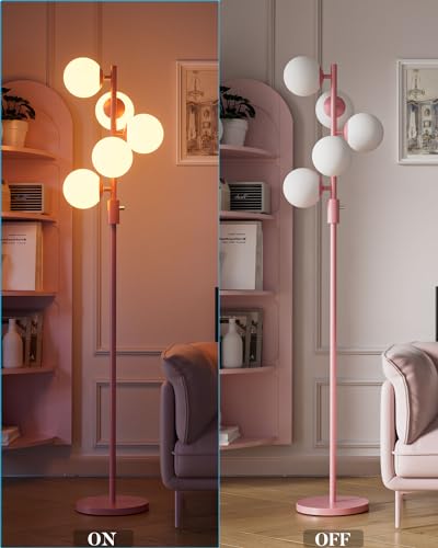 Image of 64IN Dimmable Pink Floor Lamp, Tall Standing Lamps with 5 Globe Soft Warm White Eye Care 3000K G9 Bulbs, Mid Century Modern Floor Lamp with 5Lbs Heavy Base for Living Room Bedroom Office