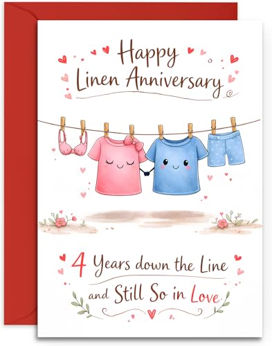 4th Anniversary Card - Cute Pair of T-Shirts on a Washing Line Design - Linen Anniversary Card - A5 Size Card with Red Envelope