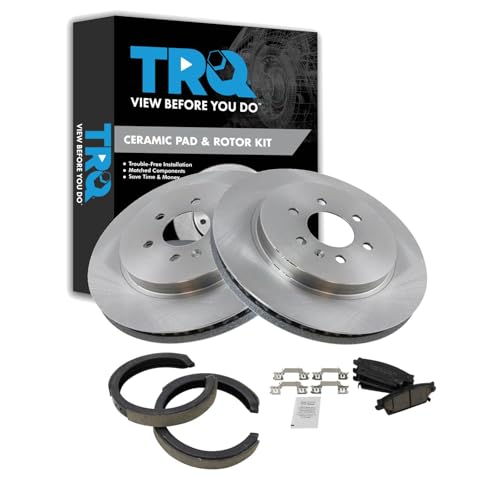 Image of TRQ Rear Brake Pad and Rotor Set Ceramic Rotors Parking Brake Shoe Compatible with 2004-2009 Cadillac SRX 18 20 Inch Wheels