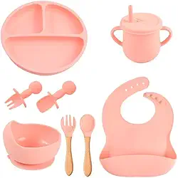 Kit Introdução Alimentar Bebe 8 Peças Silicone Iniciação Para Alimentos Livre de BPA Atóxico Antibacteriano Seguro Sem Pontas Colher, garfo, copinho, pote e pratinho Criança 6 meses Rosa