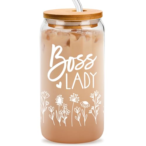 Jutasty Boss Lady Gift, Boss Birthday Gifts Ideas, Best Boss Gifts for Women Boss Leader Manager, Office Farewell Gifts for Boss, Lady Boss Day Gifts, 16oz Coffee Glass Can Cup with Lid and Straw