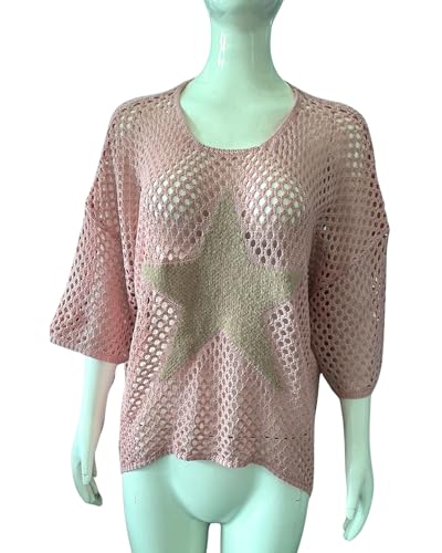 Image of CORIRESHA Women's Summer Star Crochet Sweater Scoop Neck 3 /4 Sleeves Hollow Out Knit Beach Cover Up