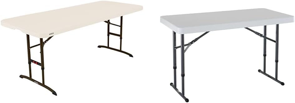 Lifetime 6-Foot Nesting Table and 4-Foot Utility Table Bundle, Commercial Height Adjustable Almond and White Granite