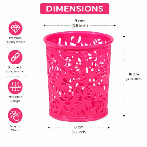 Image of Metal Mesh Pen Stand for Office & Home Desk | Black Stationery Holder Organizer for Pens, Pencils, Markers, Makeup Brushes | Durable Round Wire Mesh Pen Stand (Pack of 1) (Floral-Dark Pink)