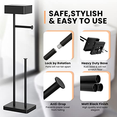 Allzone 3 In 1 Toilet Paper Holder Stand,Solid Free Standing Toilet Paper Holder With Shelf, Bathroom Toilet Paper Holder With Storage For 4 Rolls, Matte Black Toilet Paper Roll Holder #TOP6