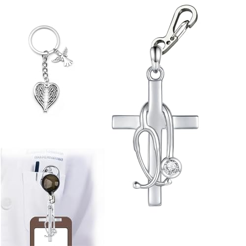 Agamino Cross & Stethoscope Badge Charm with Angel Wing Keychain – Nurse Badge Reel Accessories ID Lanyard Clip-On, Nursing Student RN LPN CNA MA Badge Buddy Healthcare Worker Gift