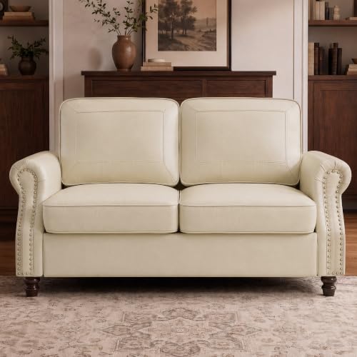 Image of Kingfun Faux Leather Loveseat Sofa with Rolled Arms,Cream