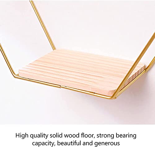 Zuidsyi Wall Mounted Hexagon Floating Shelves, Metal Framed Gold Shelf With Wooden Wall Floor Storage Shelves, Modern Wall Decor For Living Room, Bedroom, Kitchen, Office, Set Of 3 Size #TOP2