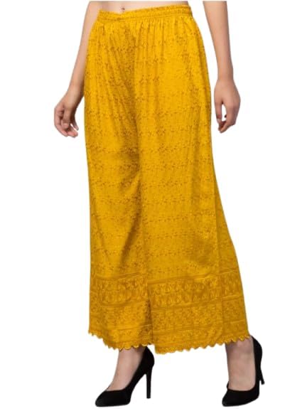Image of Women's Palazzo Pants Rayon Trousers Chikankari Embroidered Lace Trim Wide Leg Straight Fit Flared Palazzo for Girls & Women