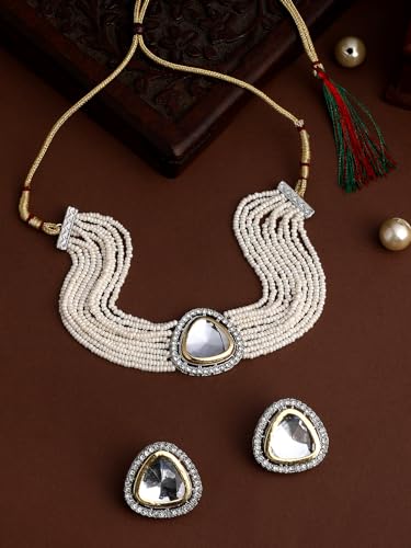 Image of ASMITTA Jewellery White Kundan Pearl Choker Necklace Set for Women with Earrings Bridal Jewellery Set for Wedding & Traditional