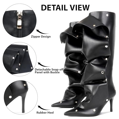 Knee High Boots for Women, Pointed Toe Stiletto Shark Boots, Detachable High Heels Fold Over Long Boots Ruched Slouchy Tall Studded Sexy Boots for Women2