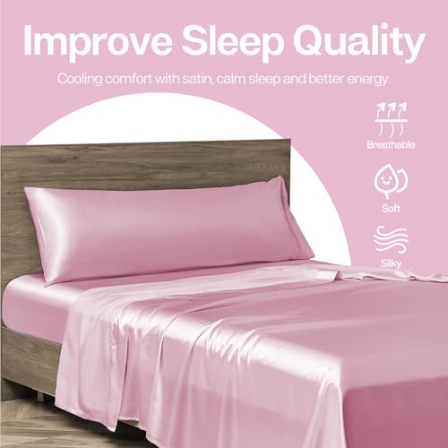 Image of MR&HM Satin Body Pillow Cover, Soft and Breathable Body Pillow Case with Envelope Closure, Cooling and Silky Long Pillowcase for Hair and Skin,Grey (20x54, Pink)