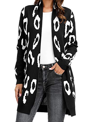 Women Long Sleeve Open Front Leopard Knit Long Cardigan(S,Black Leopard)