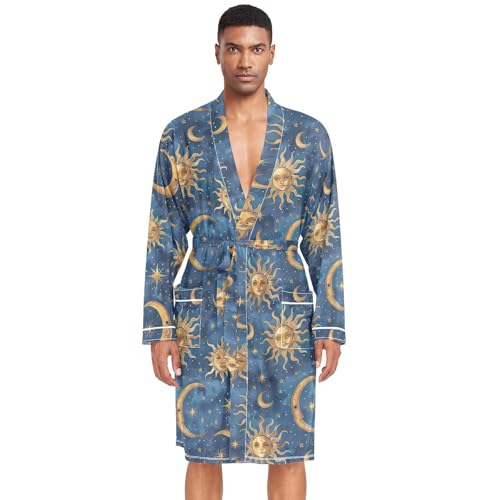 Retro Style Sun and Moon Men's Nightshirt,Soft Kimono Bathrobe Men Long Sleeve Mens Sleepwear