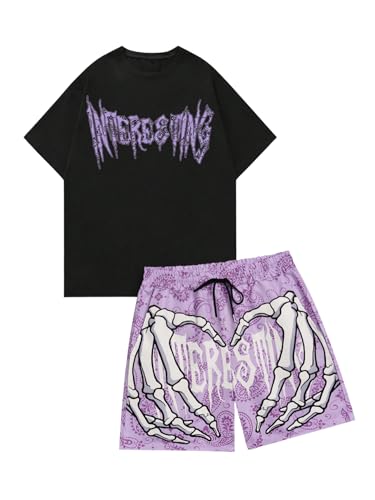 SHENHE Men's Summer 2 Piece Outfits Crewneck Graphic Tee Shirt and Paisley Bandana Shorts Set