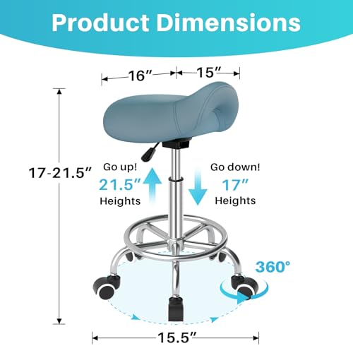 Image of YEEZEE Saddle Stool Ergonomic- Comfortable Rolling Saddle Stool with Wide Thick Saddle Seat Padding, Swivel Adjustable Saddle Chair with Wheels and Ring Pedal for Medical Massage Salon (Blue)