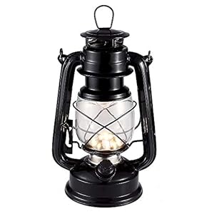 WisHomee Vintage LED orkaan lantaarn, warmwitte lantaarn op batterijen, antieke metalen hangende lantaarn met dimschakelaar, 15 leds, 150 lumen voor binnen of buiten gebruik (zwart)