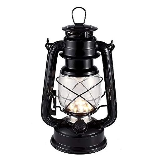 Vintage LED Hurricane Lantern, Warm White Battery Operated Lantern, Antique Metal Hanging Lantern with Dimmer Switch, 15 LEDs, 150 Lumen for Indoor or Outdoor Usage (Black)
