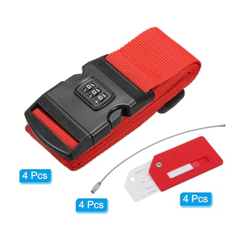 Image of PATIKIL Luggage Strap with Combination Lock Luggage Tag and Loop 78 inchx2 inch, 4 Set Adjustable Suitcase Belt for Travel Packing Bag Closure Identify, Red