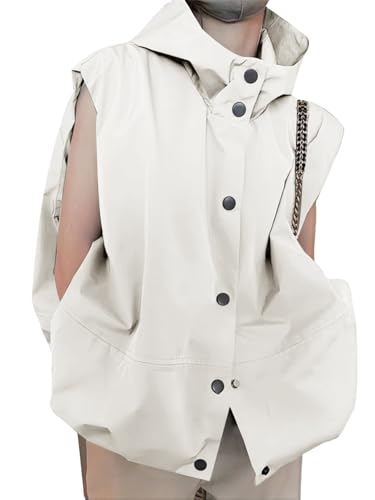 utcoco Womens Casual Lightweight Button Down Vest Cargo Oversized Ruched Hem Sleeveless Hoodie Jackets Tops