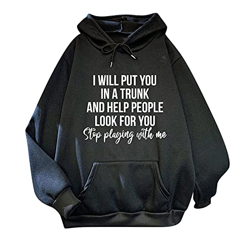 Hunputa-UH Women's Long-Sleeved Sweatshirt Blouse Pullover Solid Color Print Pocket Hooded (Black, XXXL)