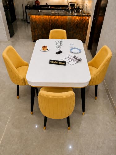 Image of WOODEN SPACE 4 Seater Wooden Dining Table Set | Urban Marble Top Dining Table with Chairs for Dining Room & Kitchen (Modern Infinity Yellow) (54 x 36 x 30 inch)