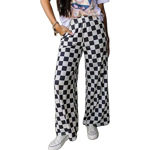 Womens Y2K Checkered Wide Leg Pants High Elastic Waist Plaid