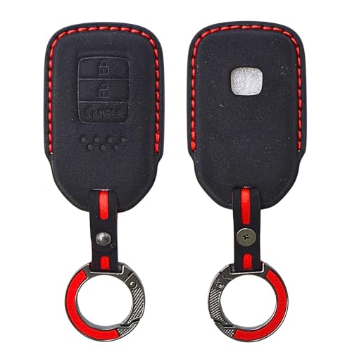 Image of KMH Alcantara Car Key Cover Compatible with Honda City, Civic, Jazz, Amaze, CR-V, WR-V, BR-V Models 3 Buttons Shell Case Holder Full Key Protector Smart Keycover with Keychain (D2) Black - Pack of 1