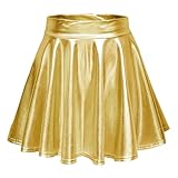 Damen Glänzend Höhe Taille Liquid Mini Rock Metallisch Elastische Taille A-Linien Pull On Skater Röcke (M, Gold)