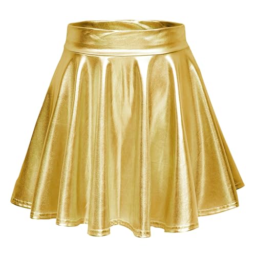 Damen Glänzend Höhe Taille Liquid Mini Rock Metallisch Elastische Taille A-Linien Pull On Skater Röcke (M Gold)