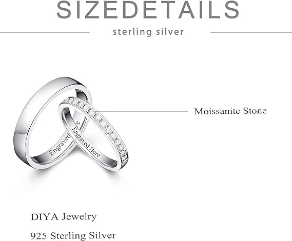 DIYA Personalized Custom Moissanite Couples Rings Set for Him and Her Moissanite Wedding Bands for Couples 925 Sterling Silver Engraved Name Engagement Ring Anniversary Valentine's Day Jewelry Gift