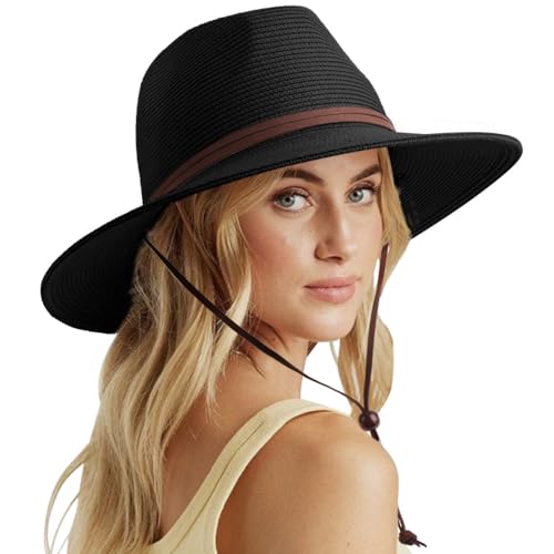 DRESHOW Mujeres Sombrero de Panamá, Sombrero de Paja de ala Ancha, Sombrero de Verano con Correa de Barbilla, Sombrero de Playa Fedora UPF 50+