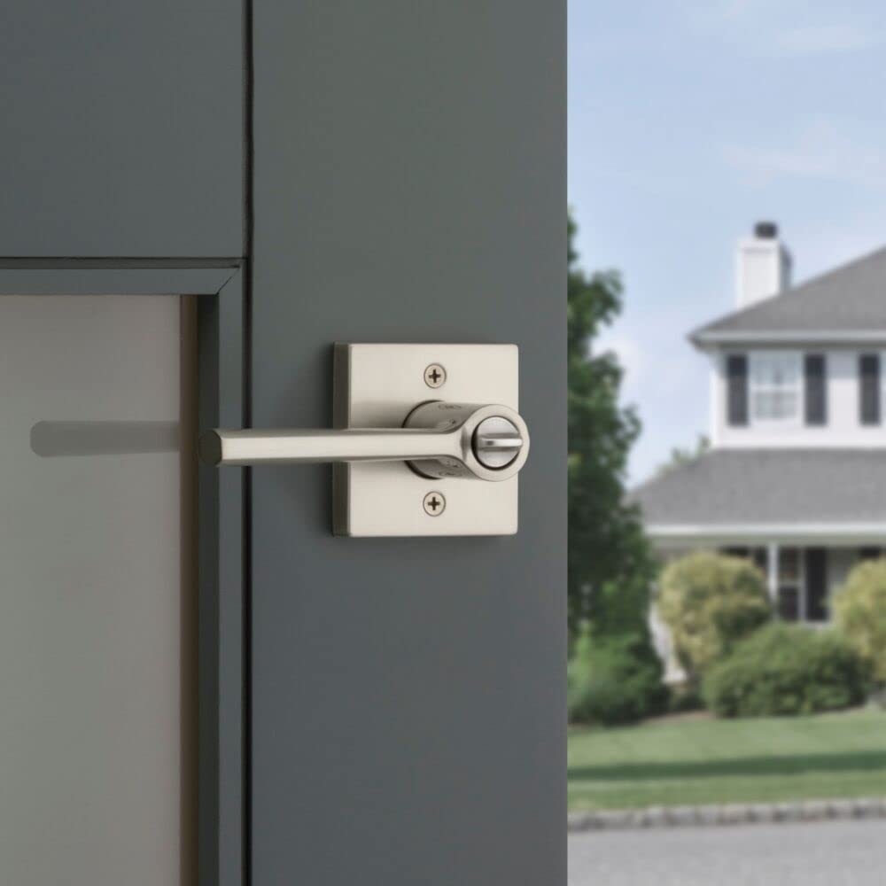 Kwikset Lisbon Entry Door Handle with Lock and Key, Secure Keyed Reversible Lever Exterior, Doorlock, For Front Entrance and Bedrooms, Satin Nickel, Pick Resistant Smartkey Rekey Security