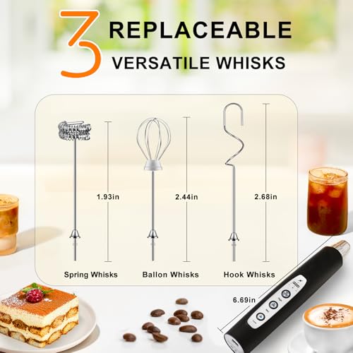 Yuswko Black Handheld Milk Frother Wand For Coffee, Rechargeable Electric Whisk With 3 Heads 3 Speeds Drink Mixer Coffee Frother For Latte thumb #3