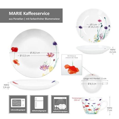 MamboCat Marie 18tlg Kaffeeservice I Porzellan-Geschirr mit Blumenwiese-Dekor für 6 Personen I Je 6x Tassen 190ml, Untertassen & Teller für Frühstück & Kaffee