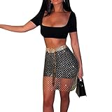 FlyCC Women Rhinestone Glitter Mesh See Through Hollow Out Beach Bikni Swimsuit Cover Up Mini Skirt