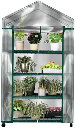 4 Tier Mini Greenhouse - Portable Greenhouse with Locking Wheels and PVC Cover for Indoor or Outdoor - 27 x 19 x 63-Inch Green House by Home-Complete