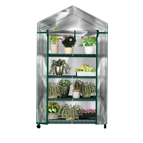 4 Tier Mini Greenhouse - Portable Greenhouse with Locking Wheels and PVC Cover for Indoor or Outdoor Green House by Pure Garden by Pure Garden - Used condition - US$35.97