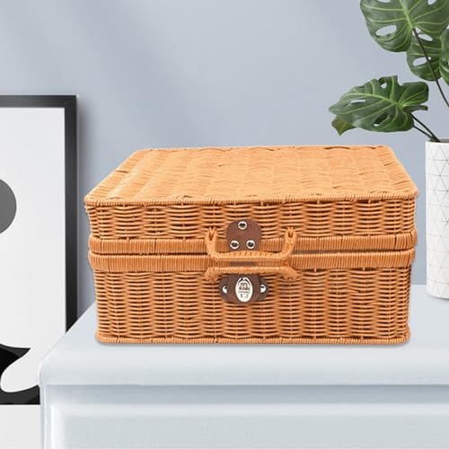 Aufbewahrungskorb mit Deckel und Griffen, Geflochtenem Rattan Aufbewahrungsbox, Vintage Gewebt Weidenkorb, Rechteckig Regalkörbe, Multifunktionaler Weidenkoffer für Picknick, Camping, Hochzeit (L)