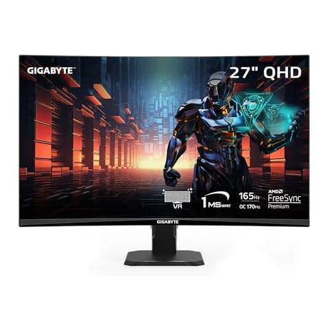 GIGABYTE GS27QC 27" 165Hz 1440P Curved Gaming Monitor, 2560 x 1440 VA 1500R Display, 1ms (MPRT) Response Time, HDR Ready, FreeSync Premium, 1x Display Port 1.4, 2X HDMI 2.0,Black Cover