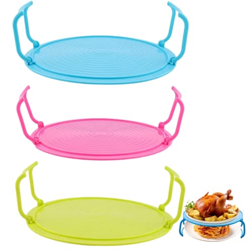 Microwave Folding Tray Microwave Plate Stacker 2 PCS Plastic Round Steaming Rack Microwave Stacker Baking Oven Tray for Bacon Frozen Snacks Cooking Supplies (Blue+Pink+Green)